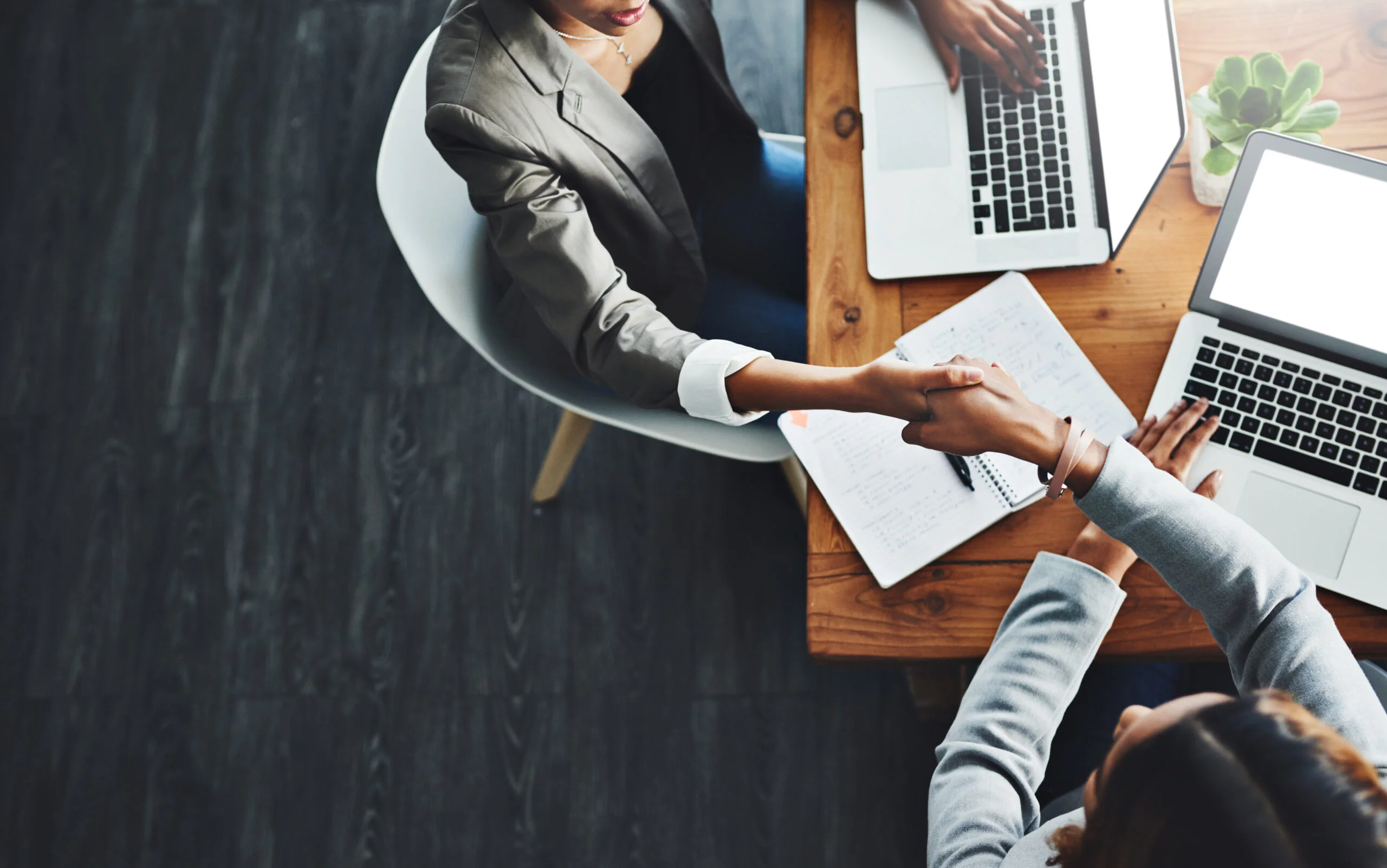A woman private equity consulting advisor shaking hands with a female senior executive at a PE firm